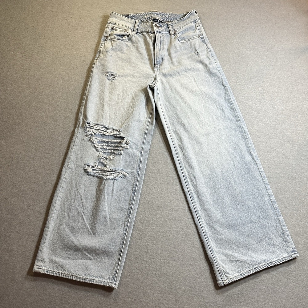 American Eagle Womens 0 Strigid Denim Jeans Super High Rise Baggy Wide Leg Ankle